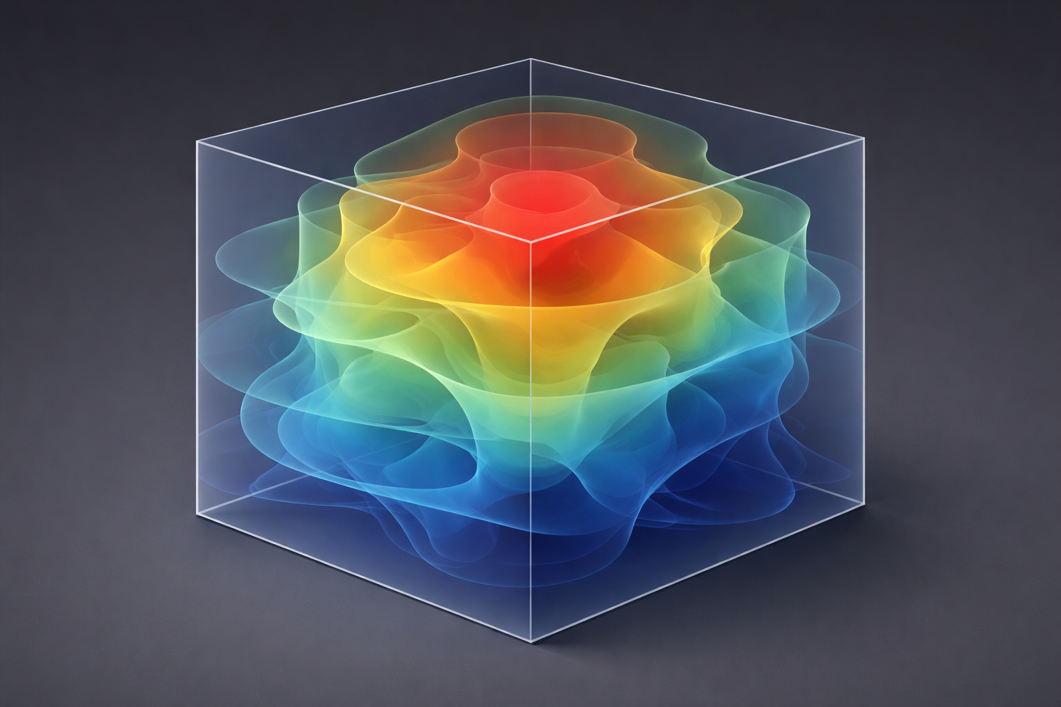 3D scalar field visualization inside a transparent cube showing multiple semi-transparent isosurfaces with smooth gradients, representing phase-field simulation data