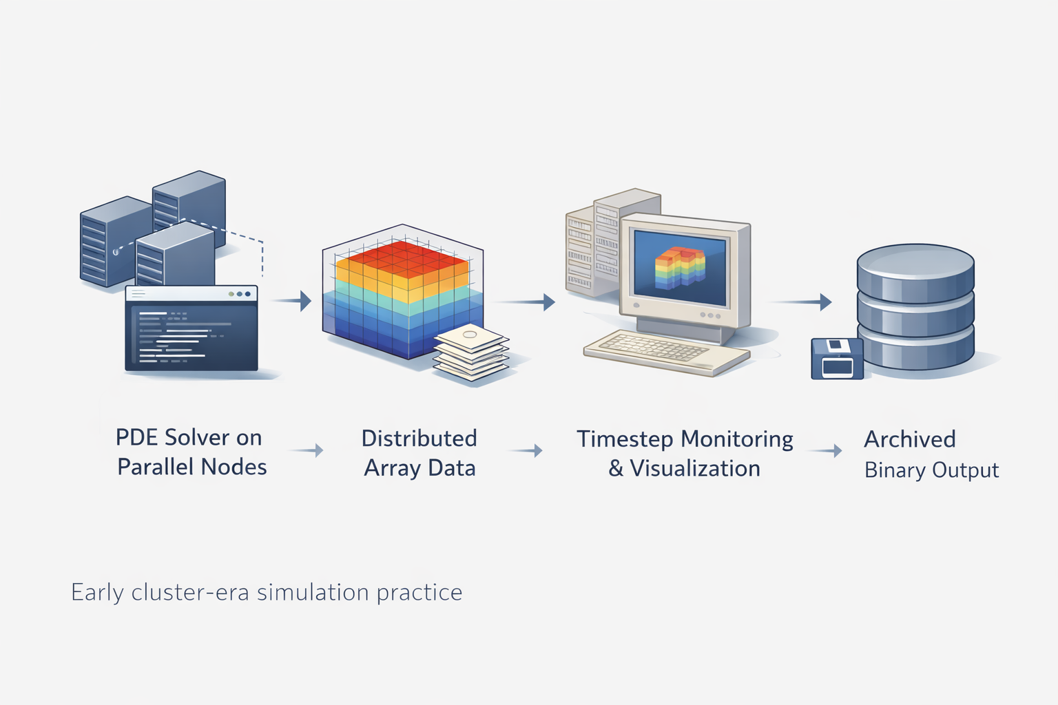 Scientific workflow diagram of early cluster-era simulation showing PDE solver on parallel nodes, distributed array data, timestep visualization, and archived binary output